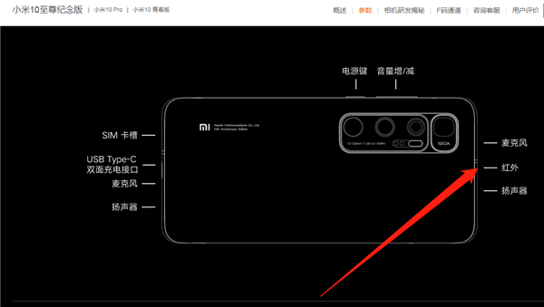 小米10至尊纪念版有红外线吗