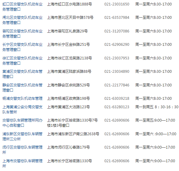 上海车管所上班时间、电话及地址一览表
