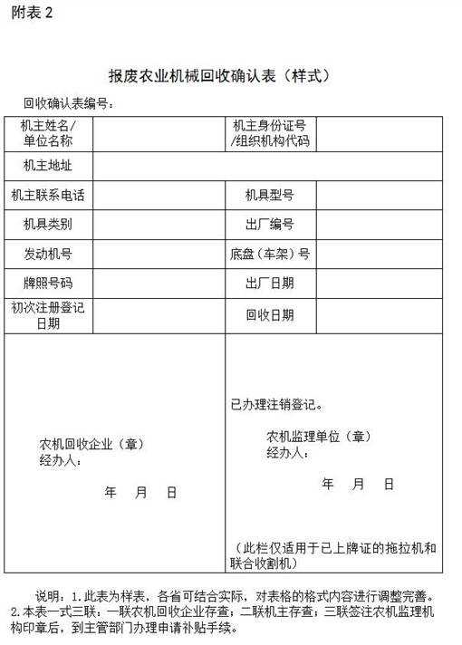 报废农业机械回收确认表